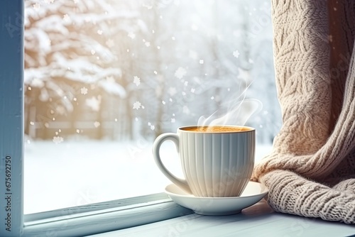 Cup of coffee on the windowsill with knitted scarf on the background of the winter forest. ai generative