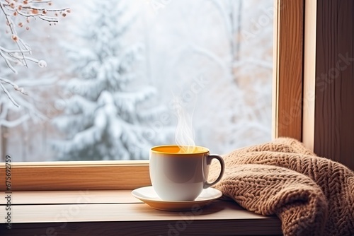 Cup of coffee on the windowsill with knitted scarf on the background of the winter forest. ai generative
