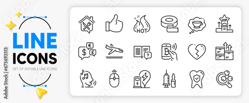 Swipe up, Hot sale and Dental insurance line icons set for app include Like, Wholesale goods, Money currency outline thin icon. Bitcoin pay, Coffee cup, Chemistry lab pictogram icon. Vector
