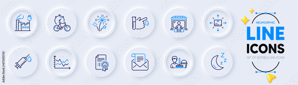 Moon, Market buyer and Blood donation line icons for web app. Pack of Smile, Bike timer, Cleaning service pictogram icons. Medical syringe, Mail newsletter, Diagram chart signs. Factory. Vector