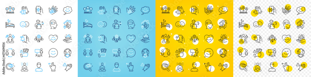 Vector icons set of Vision test, Fraud and Work home line icons pack for web with Food delivery, Global business, Skin care outline icon. Smile face, Alarm clock, Sleep pictogram. Yoga. Vector Vector icons set of Vision test, Fraud and Work home line icons pack for web with Food delivery, Global business, Skin care outline icon. Smile face, Alarm clock, Sleep pictogram. Yoga. Vector