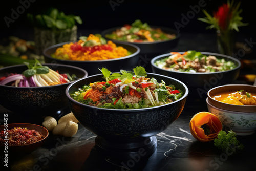 Close-up view of different food in bowls on table