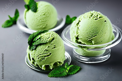 Delicious Matcha ice cream balls isolated on Colorfull Background