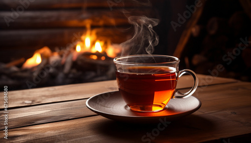 a cup of tea with lemon slices and cinnamon sticks photo