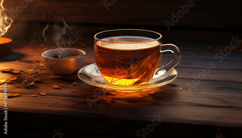 a cup of tea with lemon slices and cinnamon sticks