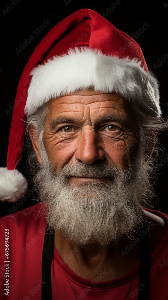 Naklejka premium Portrait of Smiling Man Dressed as Santa Claus Against Dark Background