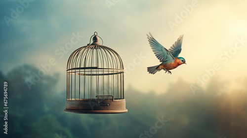 Bird cage empty, bird escape, freedom concept,Escaping from the cage photo