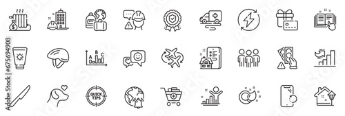Icons pack as Ambulance transport, Bribe and Survey results line icons for app include Paint brush, Baggage, Gift card outline thin icon web set. Tips, Smile, Table knife pictogram. Vector