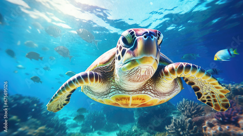 turtle swimming among fishes in blue water of ocean. Beautiful nature underwater world concept, © Planetz