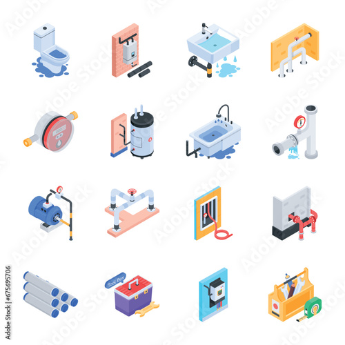 Set of Plumbing Isometric Icons 

