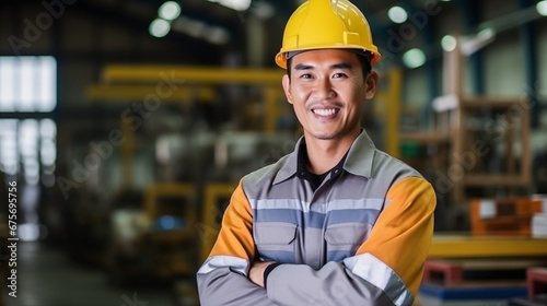 A men with safety yellow helmet smile to the camera at the logistic workplace © aimanasrn