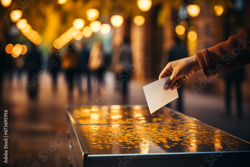 close-up photo of a hand inserting a marked ballot into a ballot box, with a vibrant polling station as a blurry backdrop. Eye-catching photo, blurry background