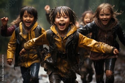 Little boys running in rain in a forest wearing yellow raincoats © Dana