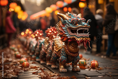 enchanting shot of a dragon parade illuminated by colorful lanterns, ideal for promoting festive events or conveying best wishes, with copy space, eye-catching photo,