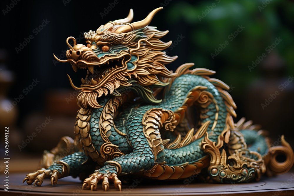 Fototapeta premium ornate golden dragon figurine against an emerald background, creating a stunning contrast and space for personalized content, with copy space, eye-catching photo,