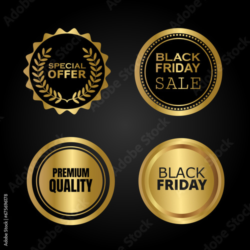 Vector set of Special Offer Badges, Black Friday and Premium Quality with gold color design