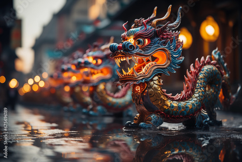 enchanting shot of a dragon parade illuminated by colorful lanterns, with empty background, with copy space, © forenna