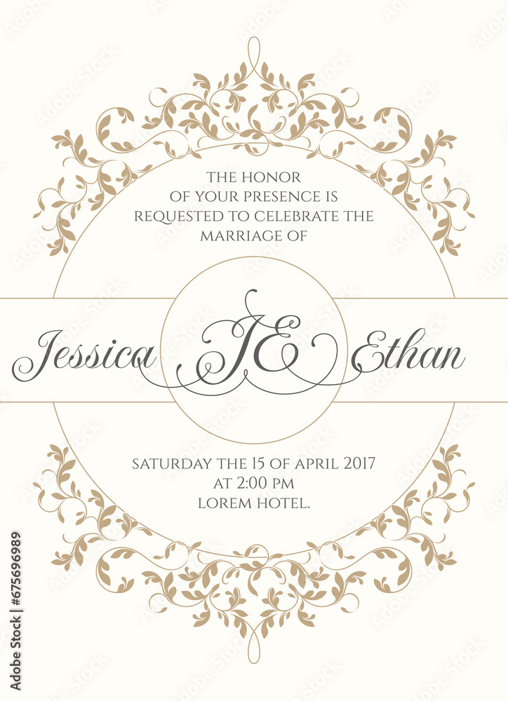 Wedding invitation. Floral circular frame. Template classic cards. Wedding invitation. Floral circular frame. Template classic cards.