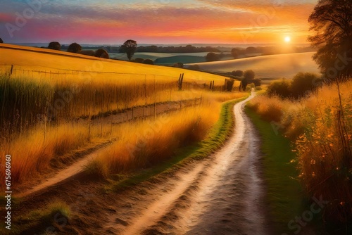 An enchanting countryside setting with a meandering footpath during sunset, the sun's warm hues painting the sky, a feeling of nostalgia and reflection