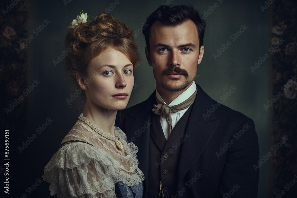 a man and woman in period clothing pose for a portrait a man and woman in period clothing pose for a portrait