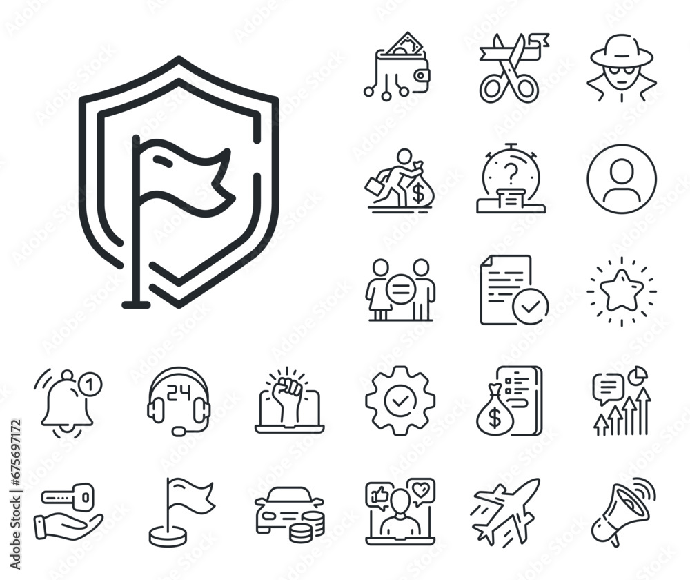 Privacy secure sign. Salaryman, gender equality and alert bell outline icons. Shield line icon. Safe defense symbol. Shield line sign. Spy or profile placeholder icon. Online support, strike. Vector