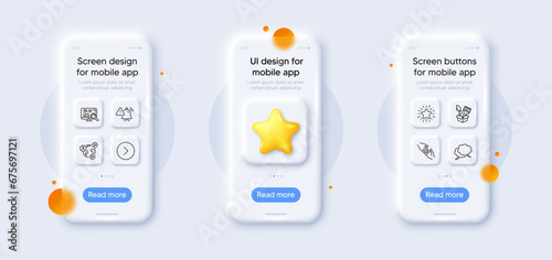 Brush, Star and Attention bell line icons pack. 3d phone mockups with star. Glass smartphone screen. Speech bubble, Forward, Seo analytics web icon. Video conference, Helping hand pictogram. Vector
