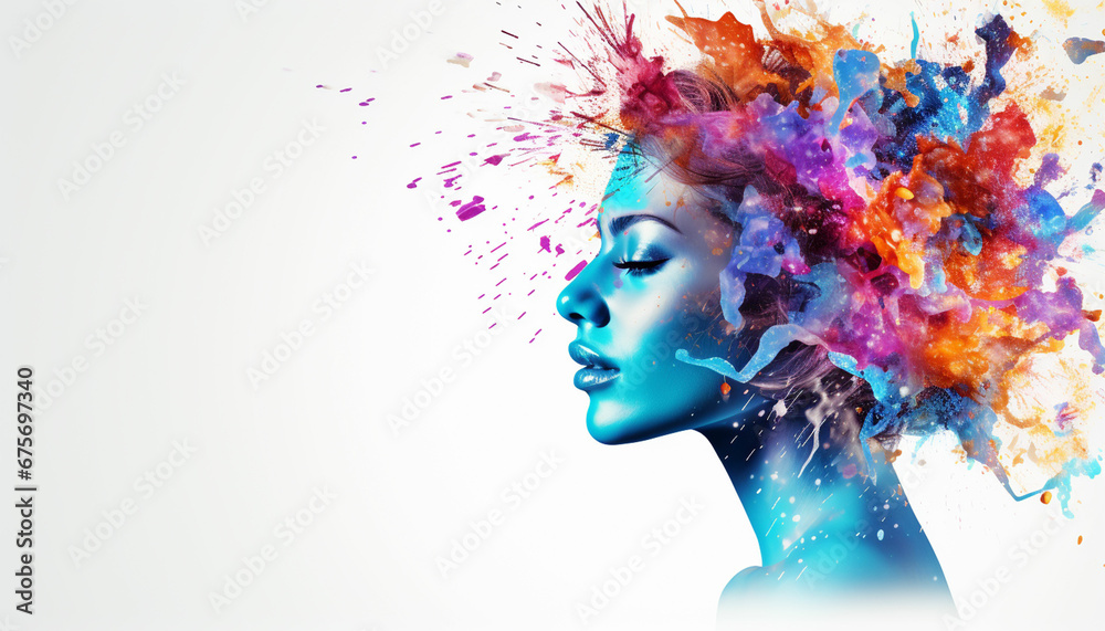 a woman with colorful paint splatters on her head