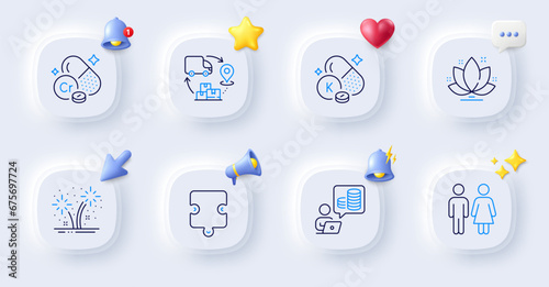 Restroom, Fireworks and Vitamin k line icons. Buttons with 3d bell, chat speech, cursor. Pack of Puzzle, Budget accounting, Chromium mineral icon. Supply chain, Lotus pictogram. Vector