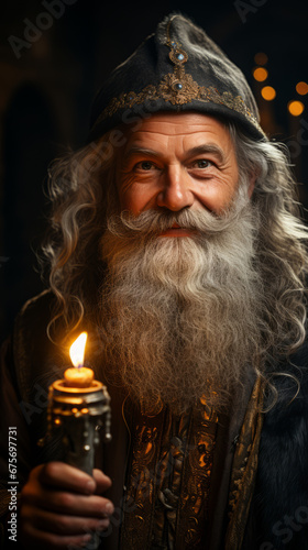 Enigmatic Wizard Holding a Lit Candle in a Dark Setting
