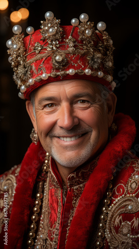 Smiling Man Dressed as King with Luxurious Crown and Robe
