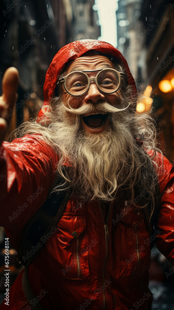 Cheerful Santa Claus Gesturing on a Snowy City Street

hotorealistic Santa Claus
