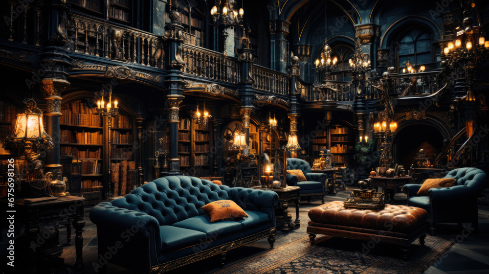 Beautiful interior of a library with spiral staircase and a chandelier.