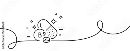 Vitamin B9 line icon. Continuous one line with curl. Folate food nutrient sign. Capsule or pill supplement symbol. Folate vitamin single outline ribbon. Loop curve pattern. Vector