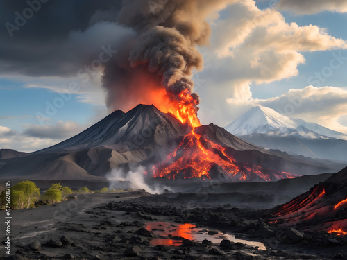 An illustration of an erupted volcano