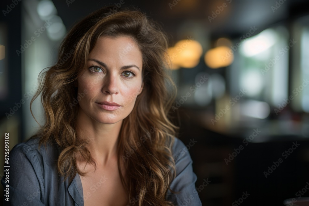 Portrait of beautiful woman in a restaurant. Shallow depth of field.