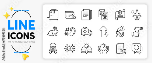 Cogwheel blueprint, Bitcoin system and Medical flight line icons set for app include Animal tested, Energy growing, Recovery data outline thin icon. Passport document. Vector