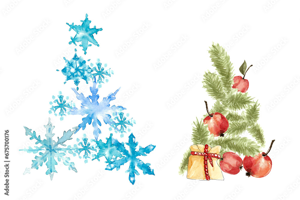 Set of two Christmas trees.A Christmas tree made of openwork large and small snowflakes,a Christmas tree made of green branches with red apples and a yellow gift bag.Hand drawn watercolor illustration Set of two Christmas trees.A Christmas tree made of openwork large and small snowflakes,a Christmas tree made of green branches with red apples and a yellow gift bag.Hand drawn watercolor illustration