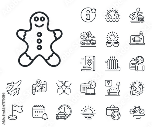 Ginger cookie sign. Plane jet, travel map and baggage claim outline icons. Gingerbread man line icon. Sweet holiday food symbol. Gingerbread man line sign. Car rental, taxi transport icon. Vector