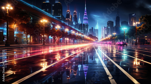 Rainy night in a city. Road light perspective. Close up view of a puddle.