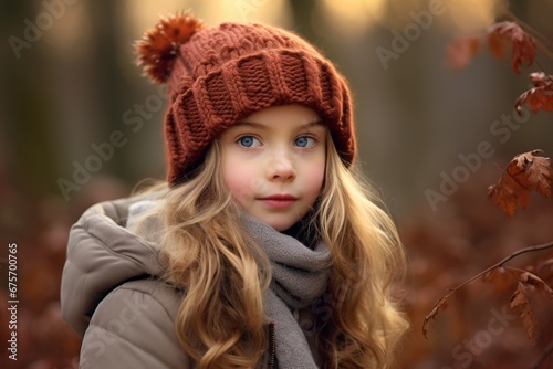 Portrait of a beautiful little girl in a knitted hat and scarf in the autumn forest.