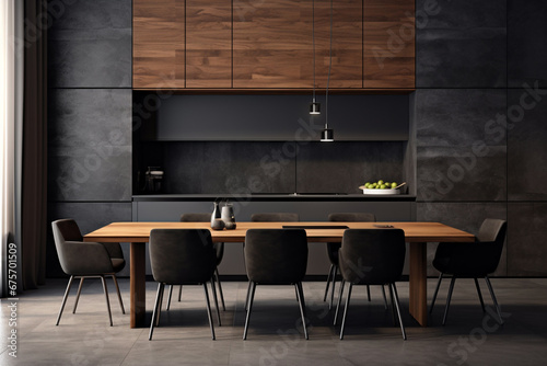 large kitchen room with modern interior design with wood table and chairs for home against the background a dark classic wall. AI generative.