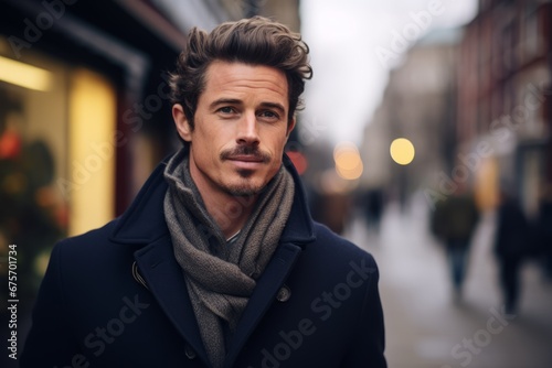 Portrait of a handsome man wearing coat and scarf in the city