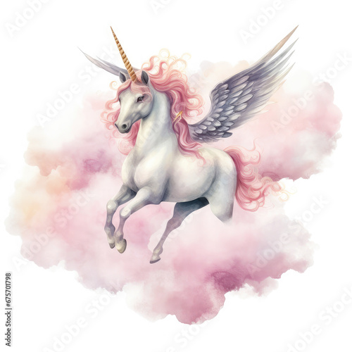 Pink Unicorn Above The Clouds Illustration, Generative Ai