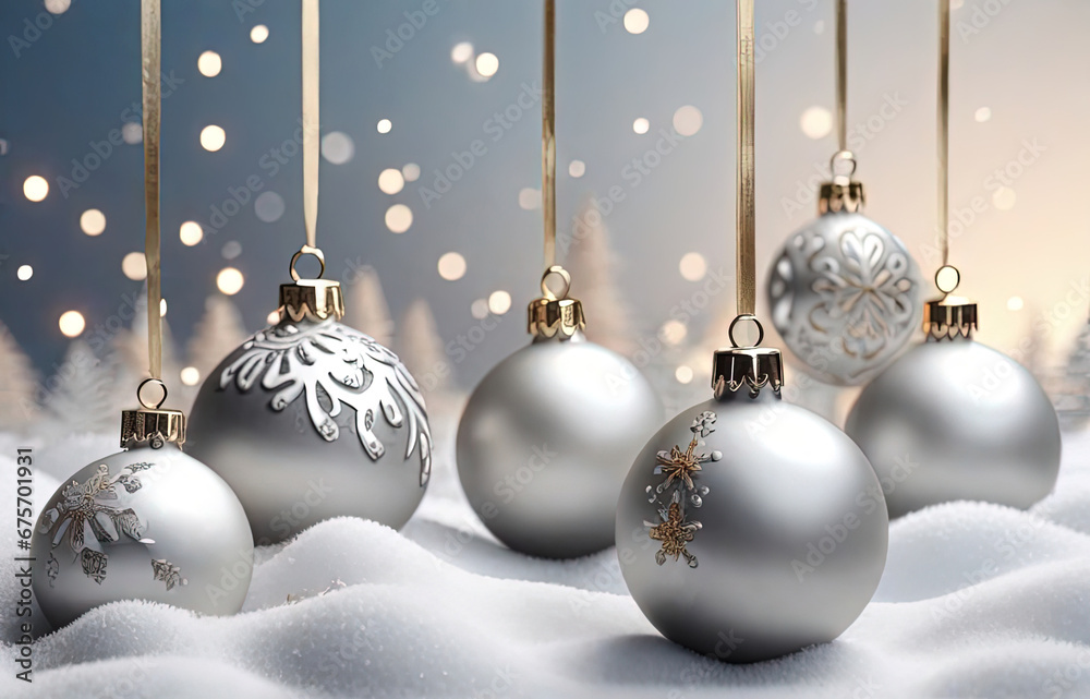 3D rendering of christmas baubles in white snow background 3D rendering of christmas baubles in white snow background