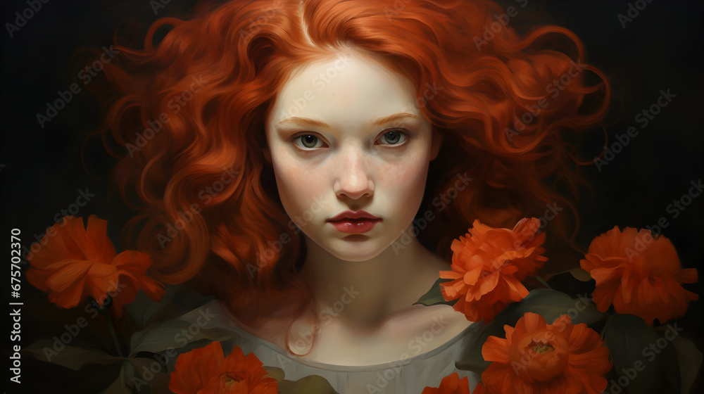A painting portraying a teenage woman with vibrant, fiery red hair, encircled by a sea of red flowers A painting portraying a teenage woman with vibrant, fiery red hair, encircled by a sea of red flowers