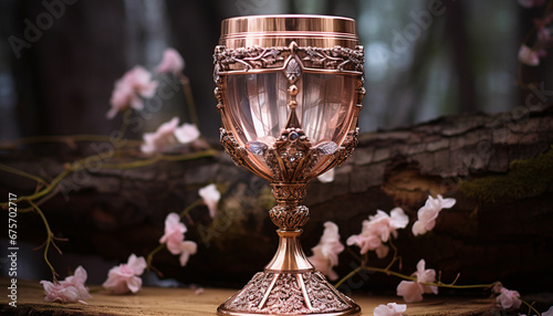 a gold goblet sitting on a wooden table photo