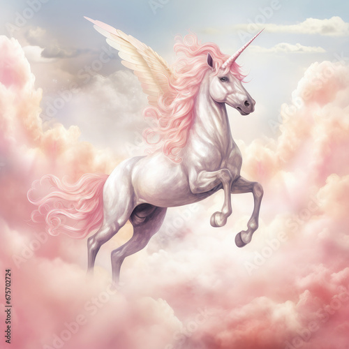 Pink Unicorn Above The Clouds Illustration, Generative Ai