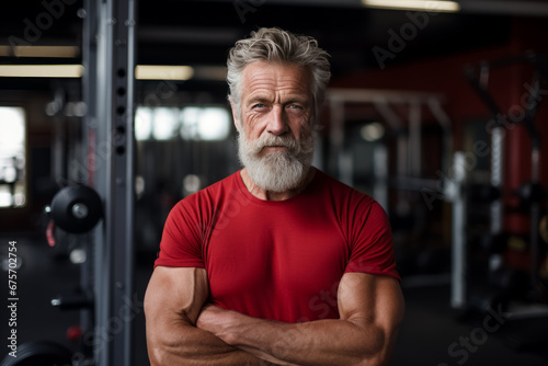 portrait of smiling muscular senior man at gym while looking at camera. Healthy lifestyle