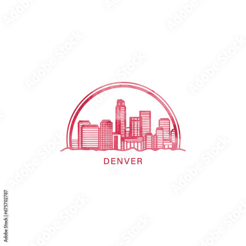 Denver city US watercolor cityscape skyline panorama vector flat modern logo icon. USA, Colorado state of America emblem with landmarks and building silhouettes. Isolated red stamp graphic