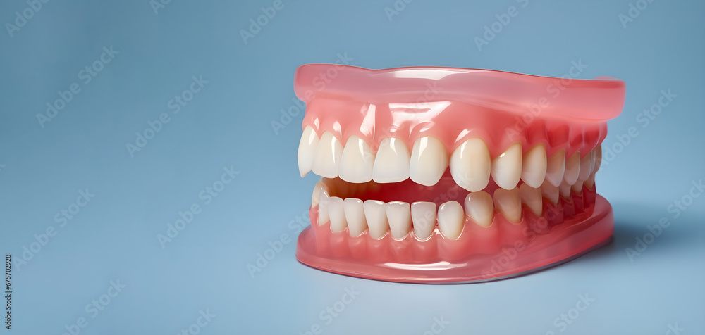 Obraz premium detailed close-up of a full denture, crafted from pink acrylic, set against a serene blue backdrop. Ample copy space for dental or medical content